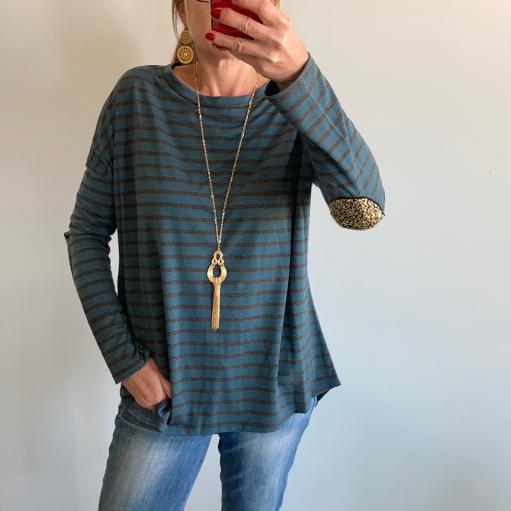 Stripes & Sequin Elbow Patch Tunic Top